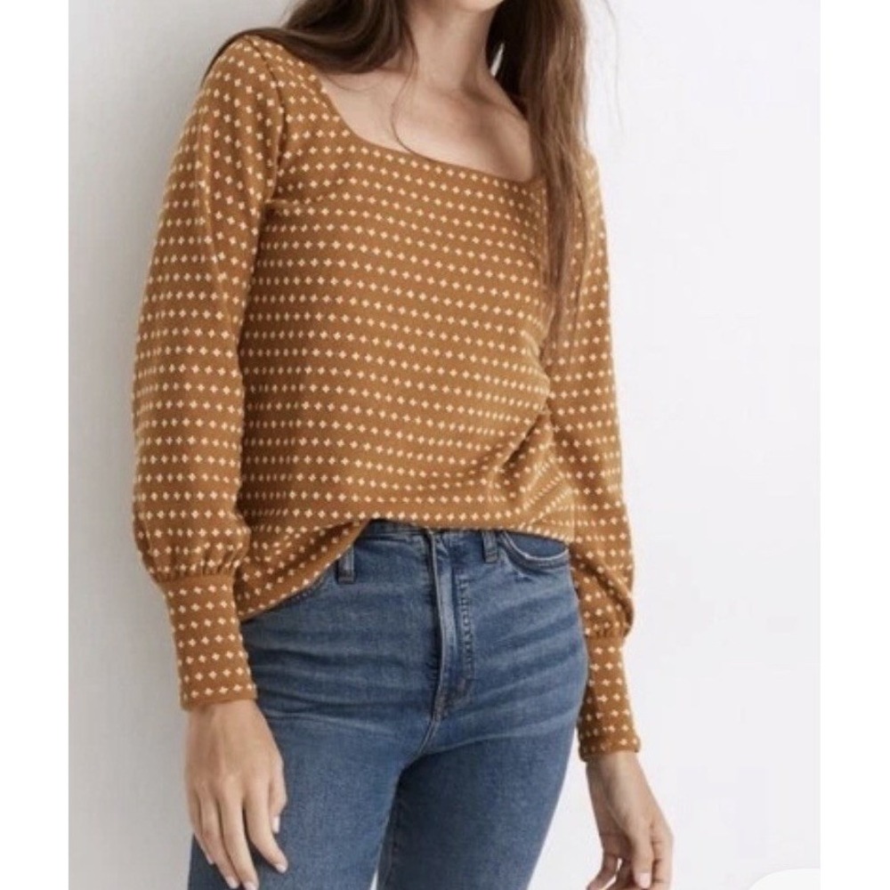 Womens Square Neck‎ Long Sleeve Geometric Print Sweater Top Size S Mustard Puff